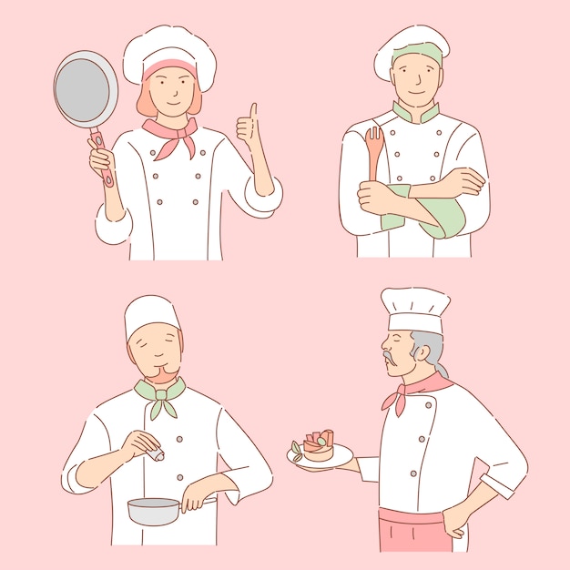 Premium Vector Chefs With Culinary Tools Cartoon Illustration Woman And Men In Uniform Restaurant Staff Outline Characters
