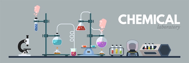 Illyustraciya Oborudovaniya Himicheskoj Laboratorii Nauchnye Instrumenty Mikroskop Kolby S Toksichnoj Zhidkostyu Klipart Na Serom Fone Multfilm Medicinskaya I Himicheskaya Laboratoriya Banner Premium Vektory
