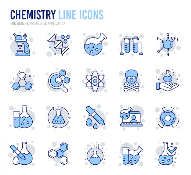 Chemistry lab line icons. chemical formula, microscope and medical analysis. Premium Vector