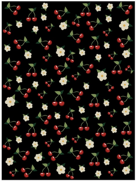 Free Vector | Cherries and cherry blossom pattern on black background ...