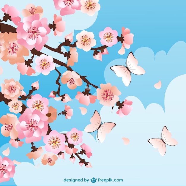 Free Vector | Cherry blossoms background with butterflies