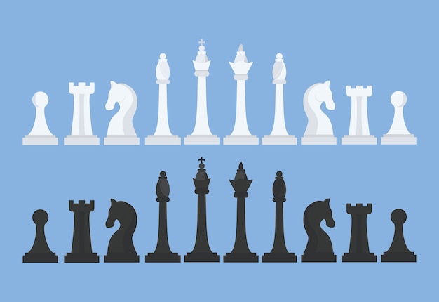 チェスセット キング クイーン ビショップ ナイト ルーク ポーン 黒と白のチェスの数字 図 プレミアムベクター