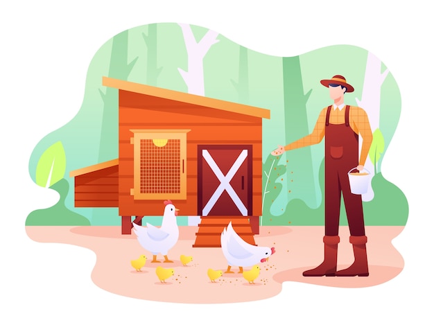 鶏小屋のイラストは家禽と家禽の小屋または農場で 鶏 鳥 またはその他の何でもかまいません この図は ウェブサイト ランディングページ ウェブ アプリ バナーに使用できます プレミアムベクター
