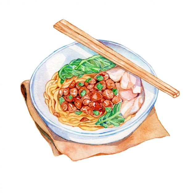 Download Chicken noodle watercolor illustratiom Vector | Premium Download