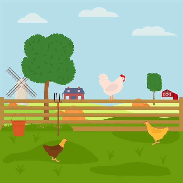 Premium Vector | Chickens walking on the farm. flat vector illustration