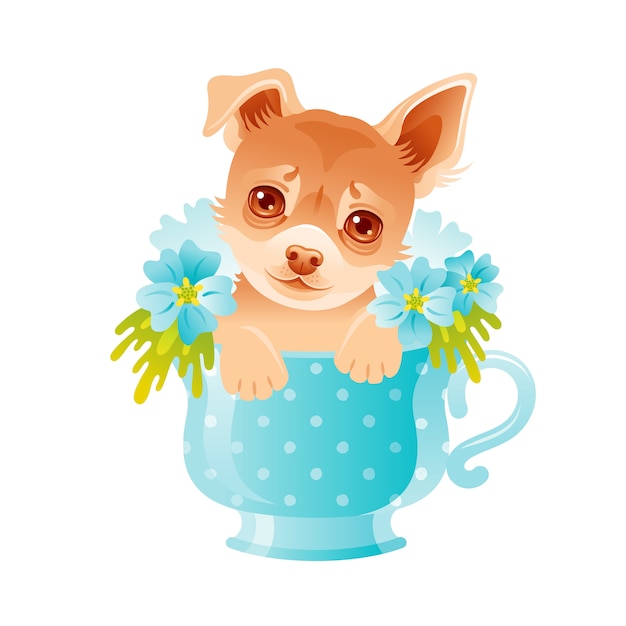 チワワ子犬 花のカップでかわいい犬 図 漫画の動物の顔を描きます 青い花で面白い美しいペット プレミアムベクター