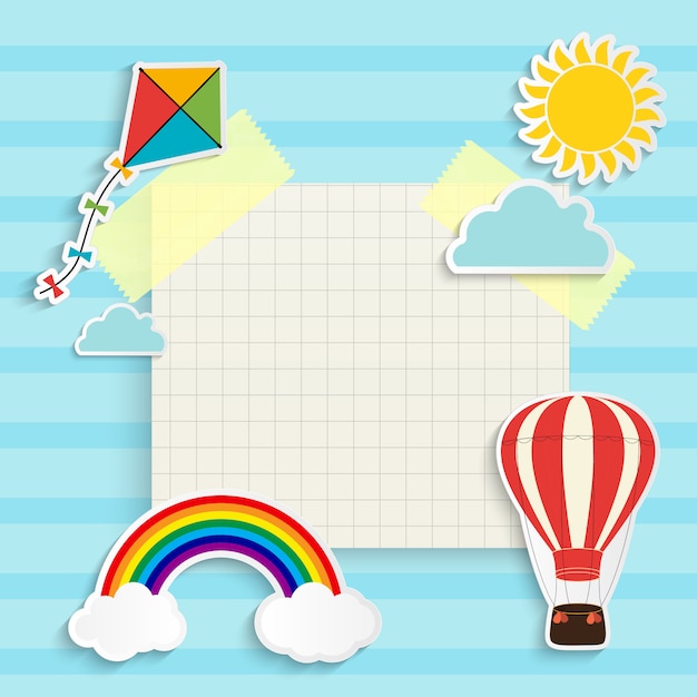Child background with rainbow, sun, cloud, kite and balloon. place for text.  illustration Premium V
