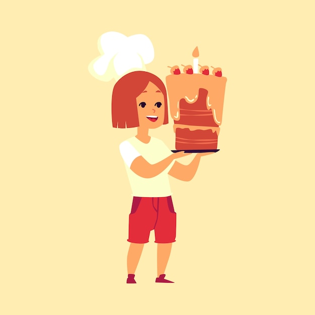 子供のパン屋 大きなケーキを保持しているシェフの帽子でかわいい女の子 幸せな子供のコックの漫画のキャラクターの誕生日の蝋燭とデザート菓子を提示 イラスト プレミアムベクター