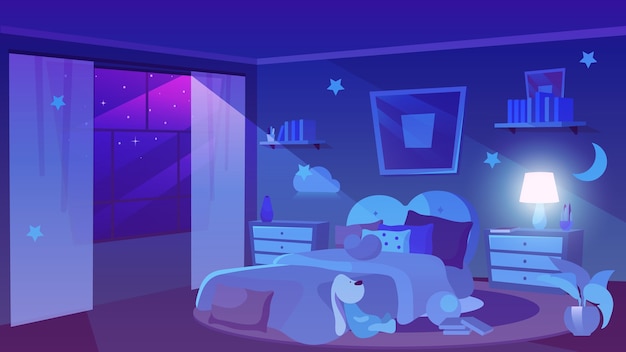 Premium Vector | Child bedroom night time view flat illustration. stars ...