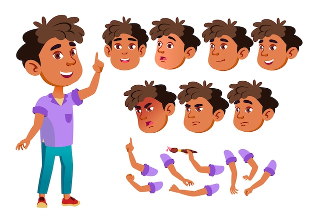 Child boy character. arab. creation constructor for animation. face emotions, hands. Premium Vector
