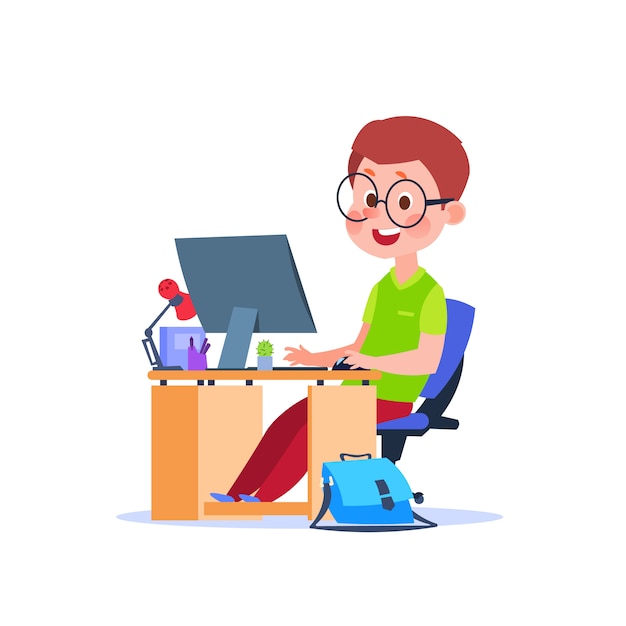 Child At Computer Cartoon Boy Learning At Desk With Laptop