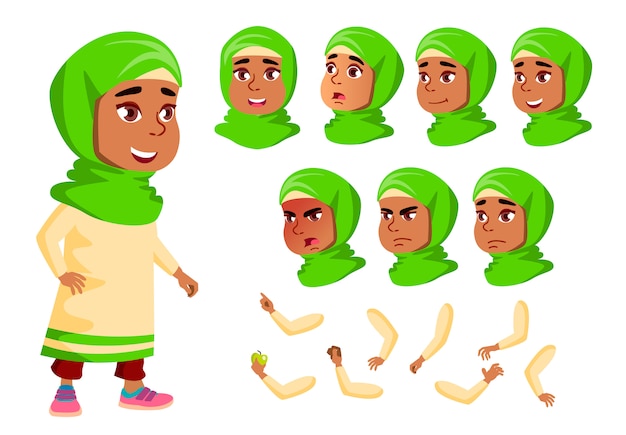 Child girl character. arab. creation constructor for animation. face emotions, hands. Premium Vector