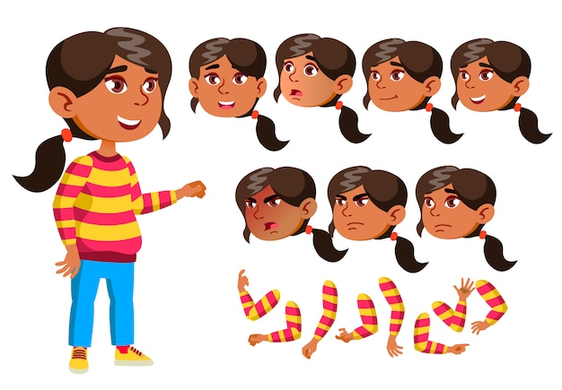 Child girl character. arab. creation constructor for animation. face emotions, hands. Premium Vector