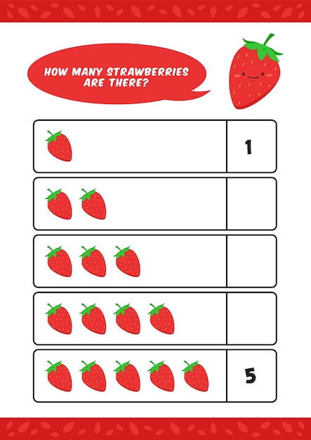 子供イチゴ幼稚園のカウントは かわいいイチゴ果実のイラストがホームスクーリングに良いワークシートテンプレートを学ぶ プレミアムベクター
