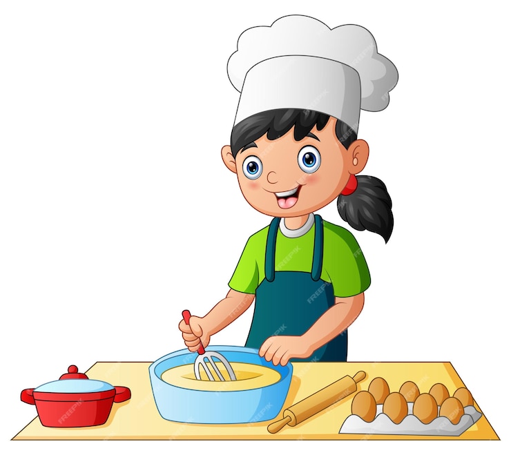 Premium Vector | Child in the kitchen making a cake with a chefs hat