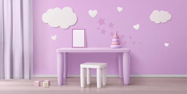 Free Vector Child Room With Kids Table Chair White Poster And Clouds On Wall