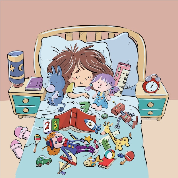 Child sleeping in bed surrounded by toys Premium Vector
