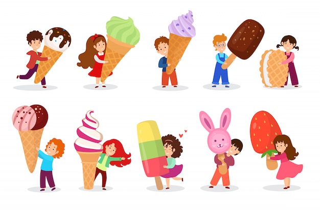 プレミアムベクター 大きな巨大なアイスクリームのイラストを持つ子供 漫画の小さな女の子の男の子の子供キャラクターアイス クリームワッフルコーン 幸せな子供たちを保持