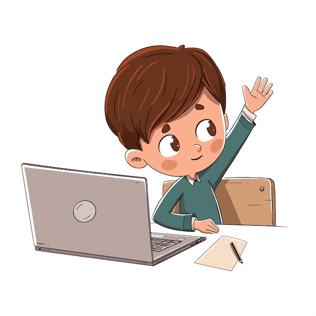Child with a computer raising his hand in class Premium Vector