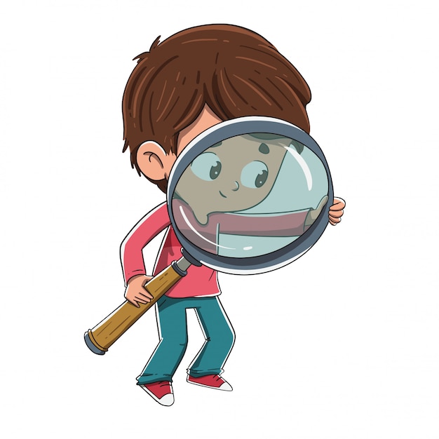 Child with a magnifying glass looking for something Premium Vector