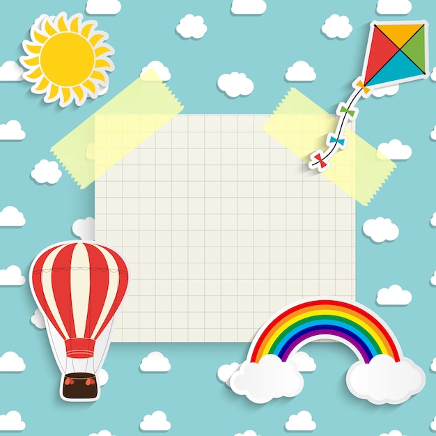 Child with rainbow, sun, cloud, kite and balloon. place for text.  illustration Premium Vector