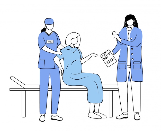 病院フラットベクトルイラストで出産 妊娠中の女性の収縮と労働 産婦人科医 産科医 看護師の患者の漫画のキャラクターを分離 プレミアムベクター