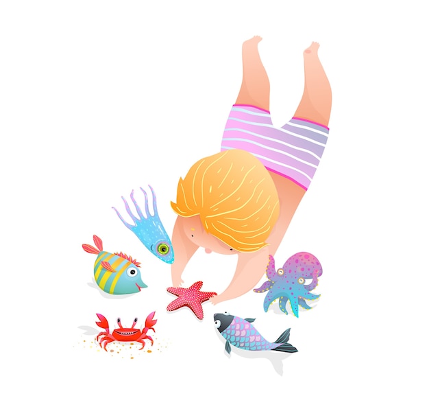 海の動物かわいい水彩風幼稚園イラスト漫画と海での子供時代 プレミアムベクター