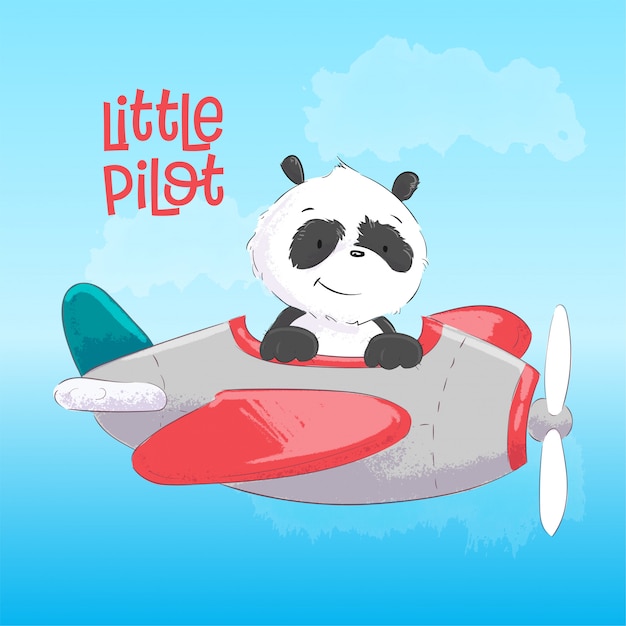 プレミアムベクター 漫画のスタイルで飛行機の中でかわいいパンダの幼稚なイラスト 手描き