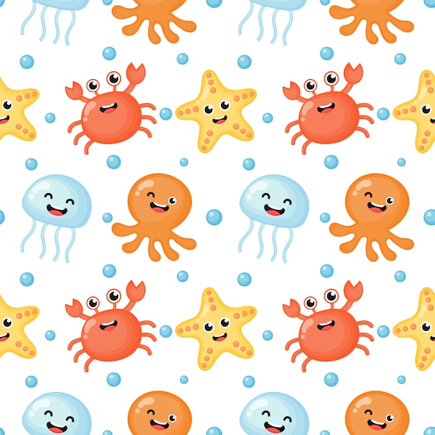 Childish seamless pattern cute funny sea and ocean animals cartoon Vector | Premium Download