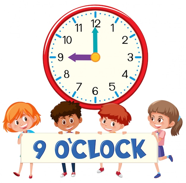 子供と時計の9時 プレミアムベクター