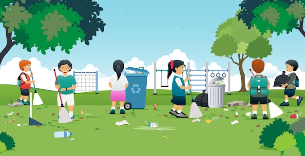 Premium Vector | Children are cleaning in a park with a playground