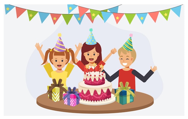 誕生日パーティーの子供たち バースデーケーキを持つ子供たち お誕生日おめでとうパーティーconcept Flat漫画文字ベクトルイラスト プレミアムベクター