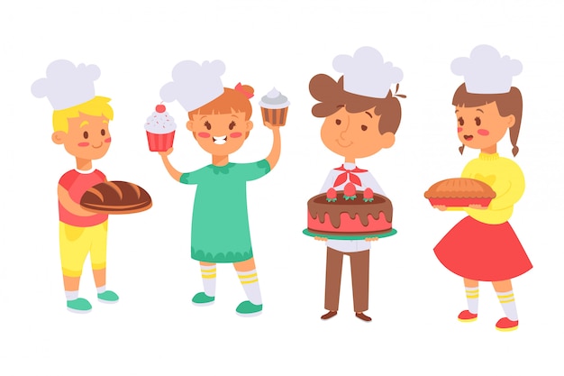 子供たちはパンを焼く 便利な趣味セットイラスト キャラクター男の子 コック帽をかぶった女の子が料理 パンを持っています プレミアムベクター