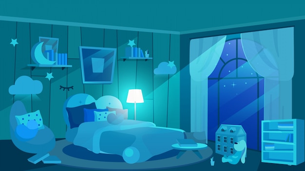 夜フラットイラストで子供の寝室 青い色合いの子供部屋のインテリア プレミアムベクター