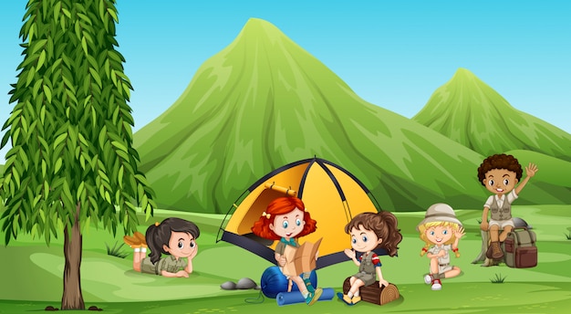 Download Children camping out in the woods | Free Vector