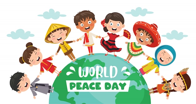 世界平和デーを祝う子供たち プレミアムベクター