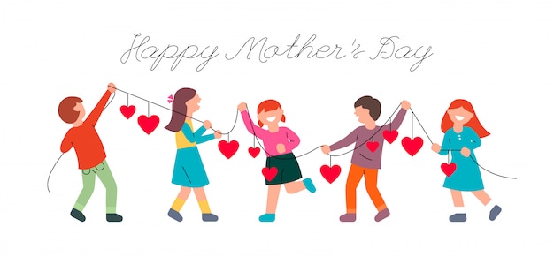 Children congratulate mothers on mother's day. kids and a garland with hearts. Premium Vector
