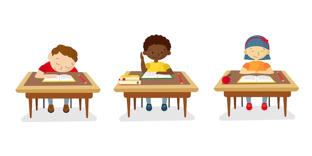 Premium Vector | Children of different races sitting at school desks ...