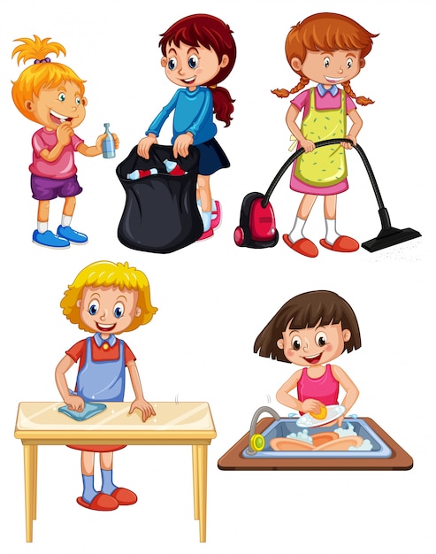 Children doing housework on white background | Premium Vector