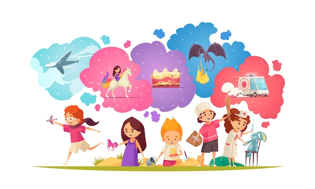 Free Vector | Children Dreaming Composition With Group Of Doodle Kids ...