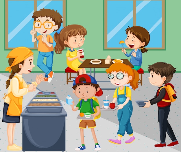 Premium Vector | Children eating lunch in cafeteria