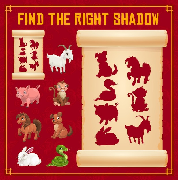 Premium Vector Children Find Matching Shadow Game With Chinese New Year Zodiac Animals Cartoon Characters