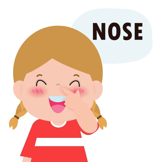 子供の女の子を指すし 子供のための体や顔のパーツシリーズの命名の一部として 鼻 と言って分離イラスト プレミアムベクター