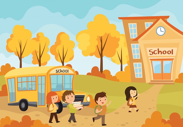 学校に行く子供たち 小学生が学校に戻る秋の風景のイラスト プレミアムベクター