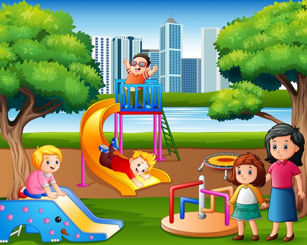 Premium Vector | Children having fun with family in the playground