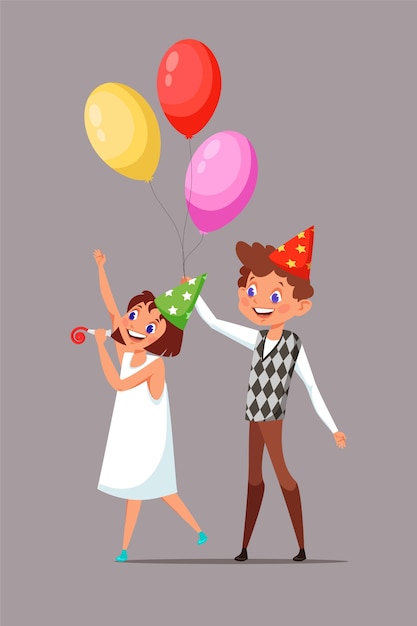 誕生日の帽子のイラストの子供たち 巻き毛のクリップアートで笑顔の少年 風船を持っている子供 兄と妹の漫画のキャラクター 誕生日のお祝い パーティーの笛を 持つ少女 プレミアムベクター