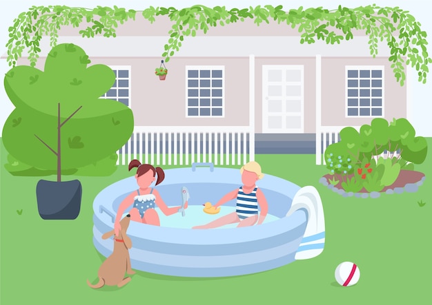 プールのフラットカラーイラストの子供たち 裏庭の膨脹可能な浴槽の女の子と男の子 子供は水で泳ぐ 幼児の遊び 背景に風景とキッズ2d漫画のキャラクター プレミアムベクター