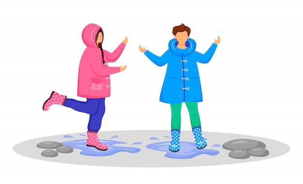 プレミアムベクター レインコート を着た子供たちが顔のないキャラクターを彩ります 水たまりで遊ぶ白人の子供たち 雨天 雨の日 女の子と男の子のゴム長靴漫画イラスト白い背景の上
