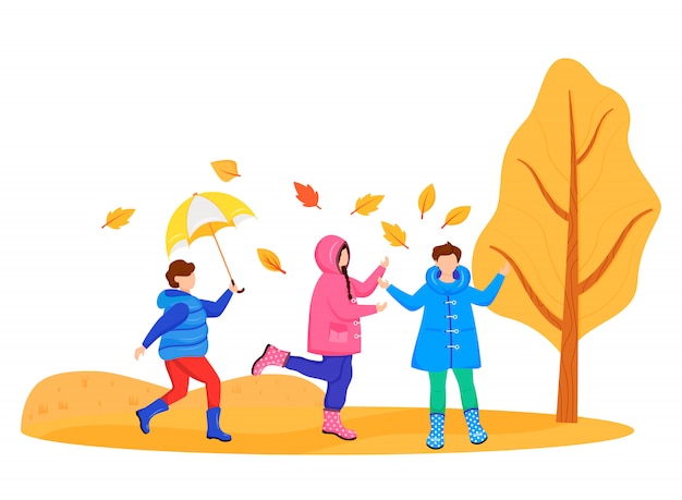 レインコートを着た子供たちは顔のないキャラクターを色づけます 白人の子供たちと遊ぶ 秋の自然 雨天 雨の日 ゴム長靴の小さな友達漫画白い背景のイラスト プレミアムベクター