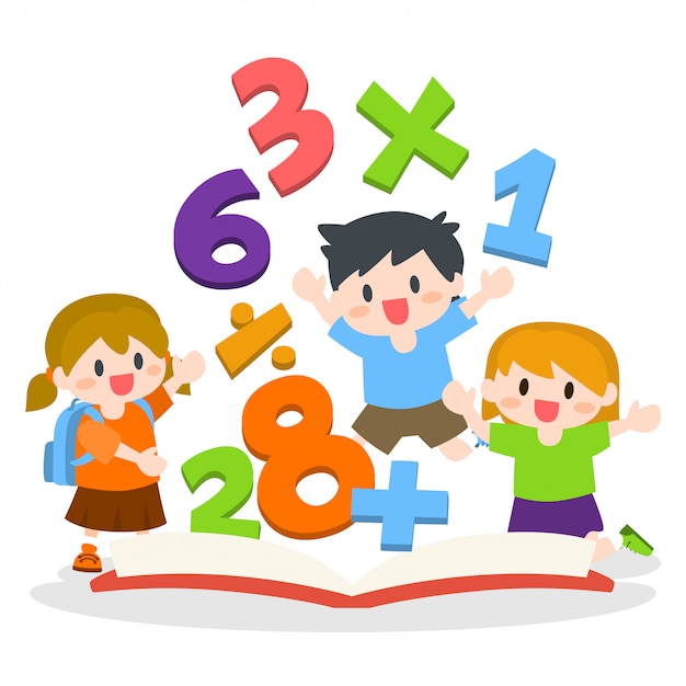 Children learning mathematics with opened books illustration ...